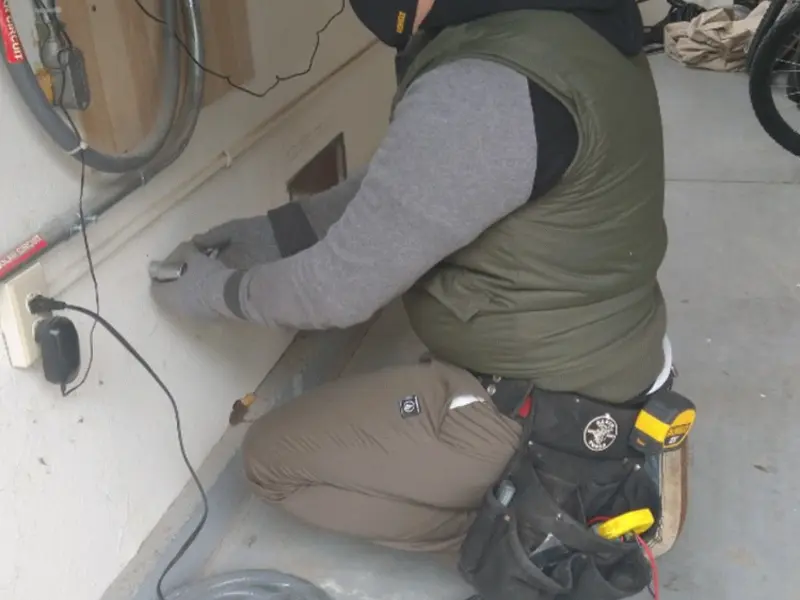 Electrician performing outlet wiring in a Lafayette garage
